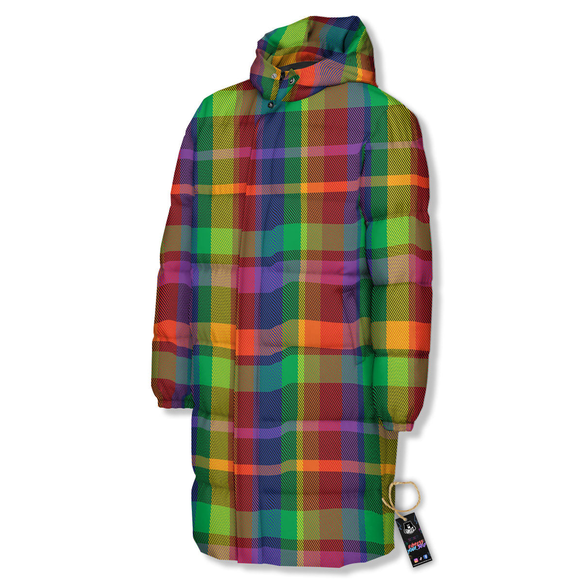 Plaid Rainbow Print Pattern Long Down Jacket-grizzshop