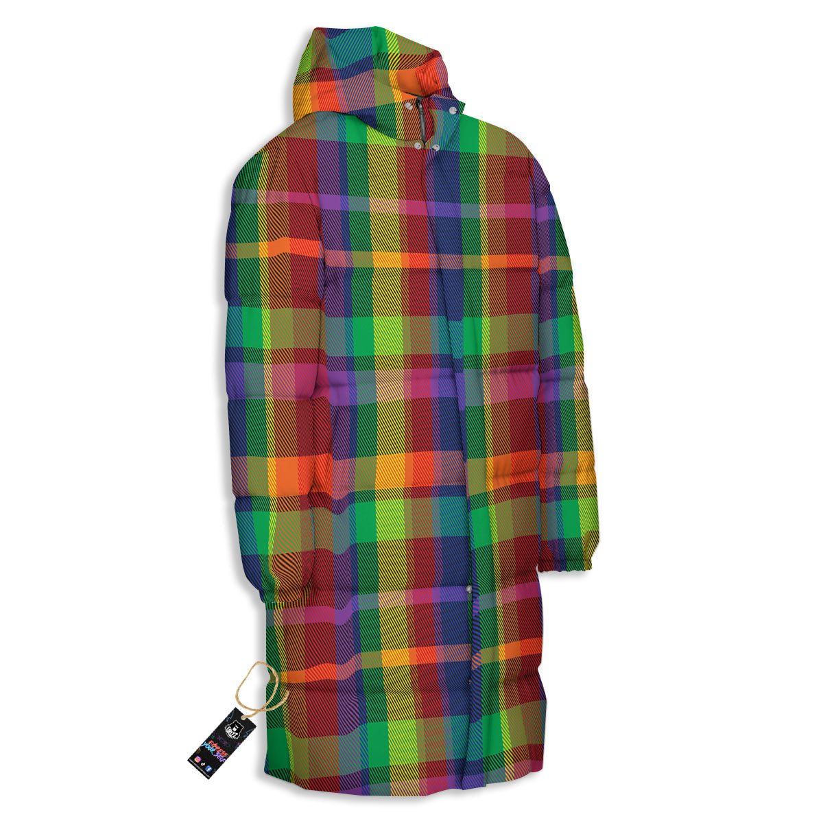 Plaid Rainbow Print Pattern Long Down Jacket-grizzshop