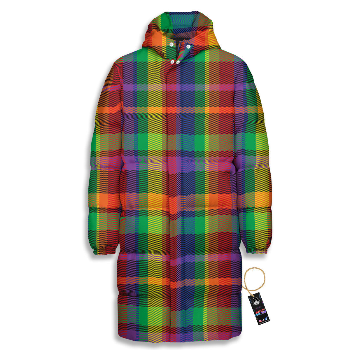 Plaid Rainbow Print Pattern Long Down Jacket-grizzshop