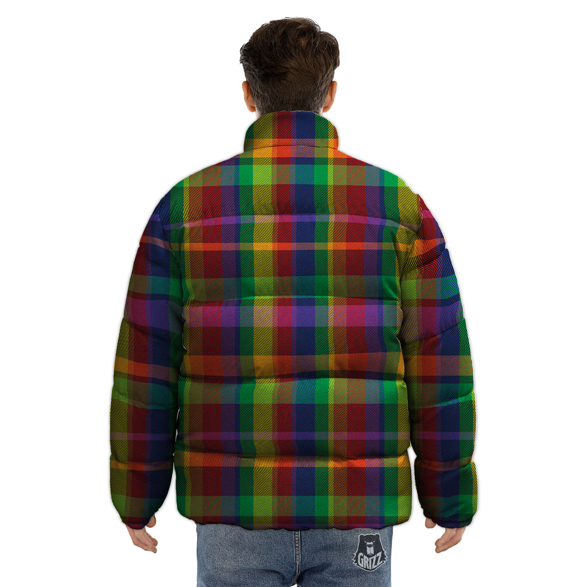 Plaid Rainbow Print Pattern Puffer Jacket-grizzshop