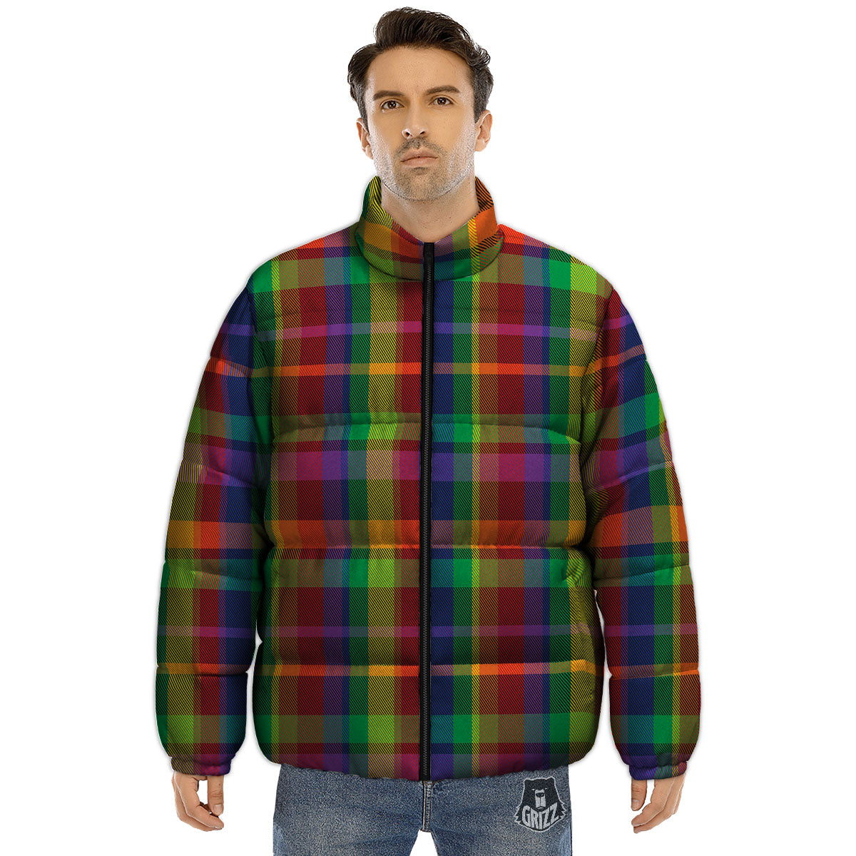 Plaid Rainbow Print Pattern Puffer Jacket-grizzshop