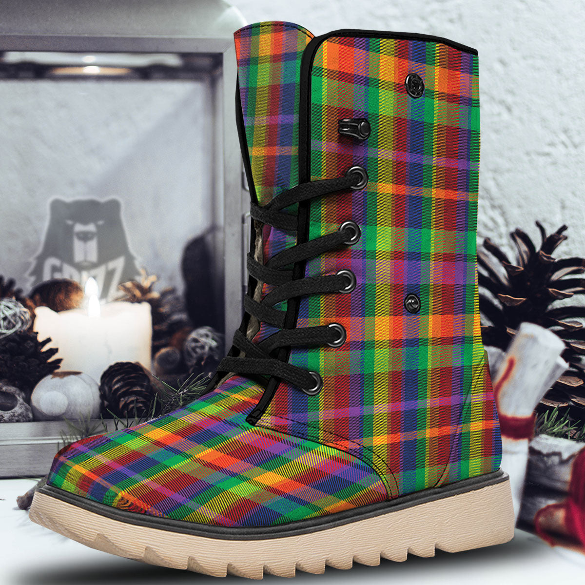 Plaid Rainbow Print Pattern Snow Boots-grizzshop