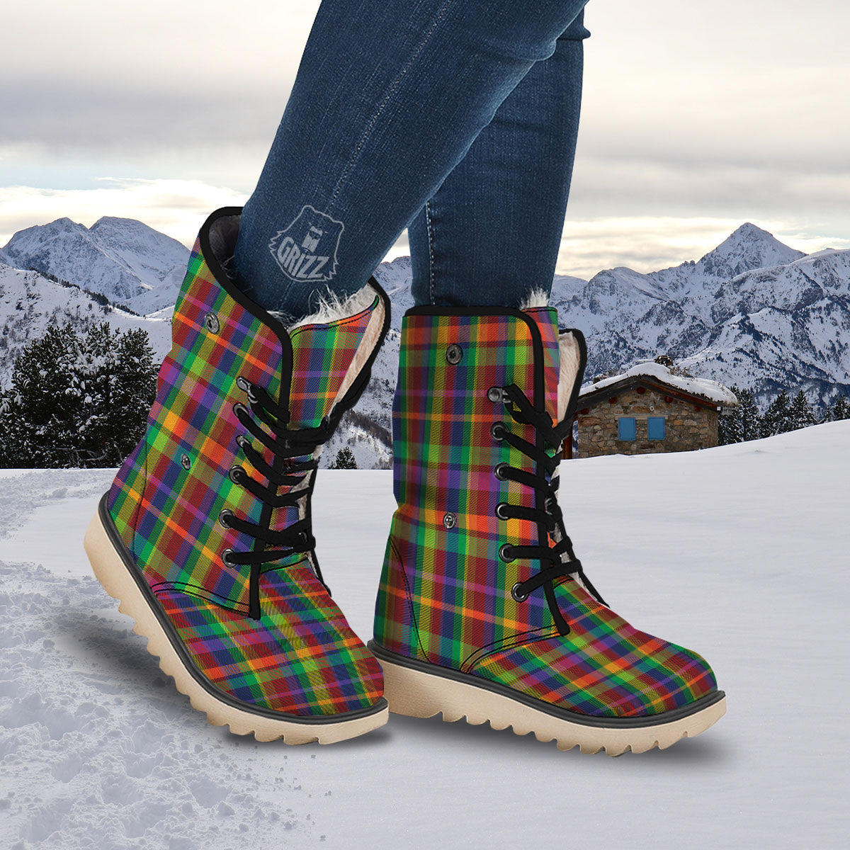 Plaid Rainbow Print Pattern Snow Boots-grizzshop