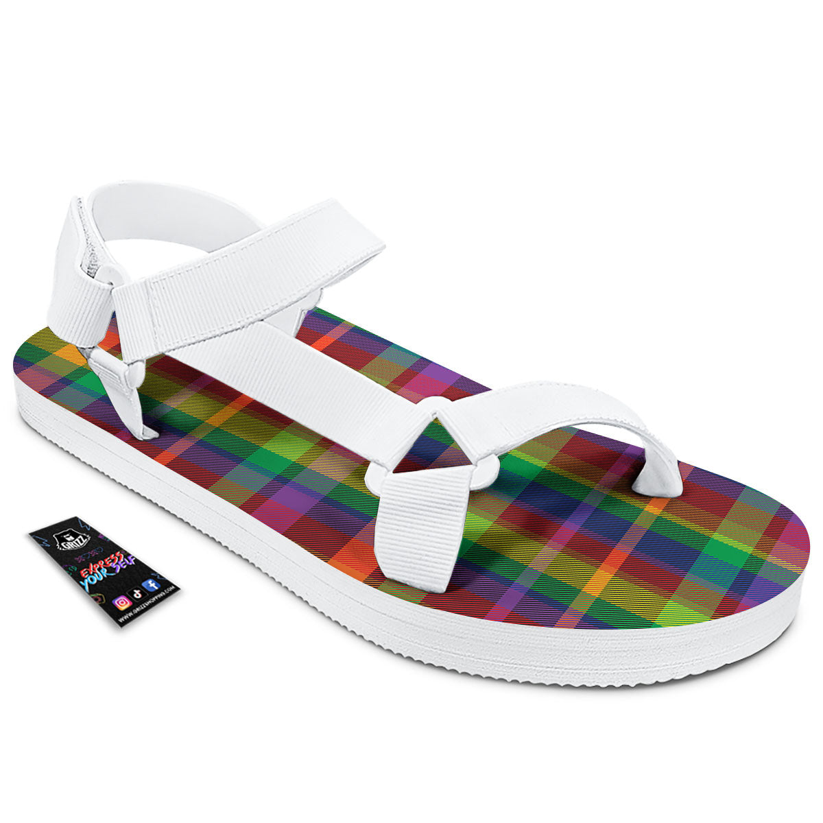 Plaid Rainbow Print Pattern White Open Toe Sandals-grizzshop