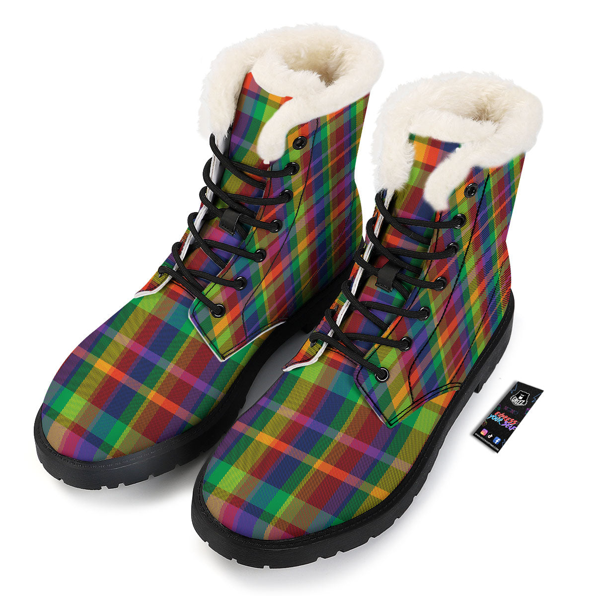 Plaid Rainbow Print Pattern Winter Boots-grizzshop