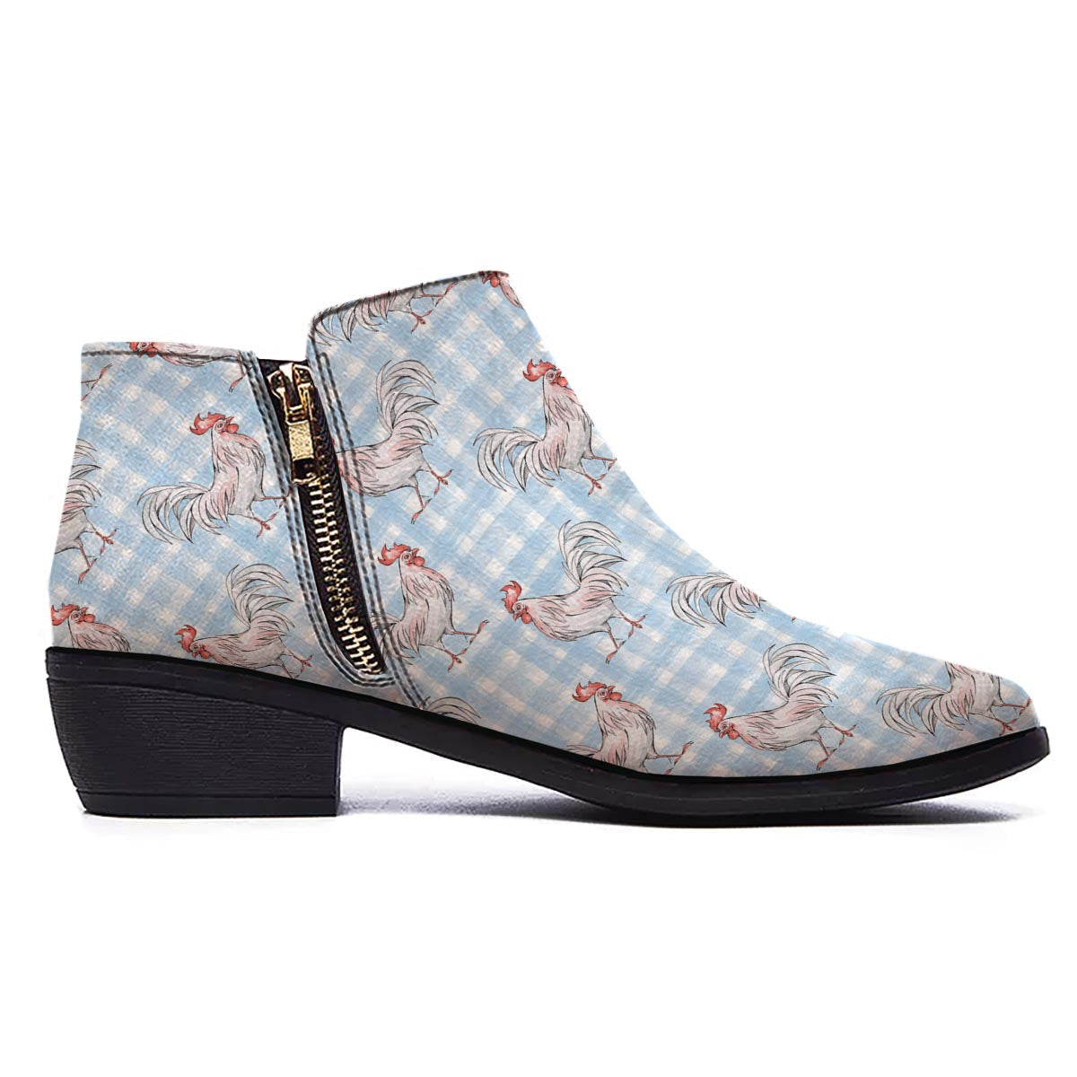 Plaid Rooster Print Pattern Ankle Boots-grizzshop