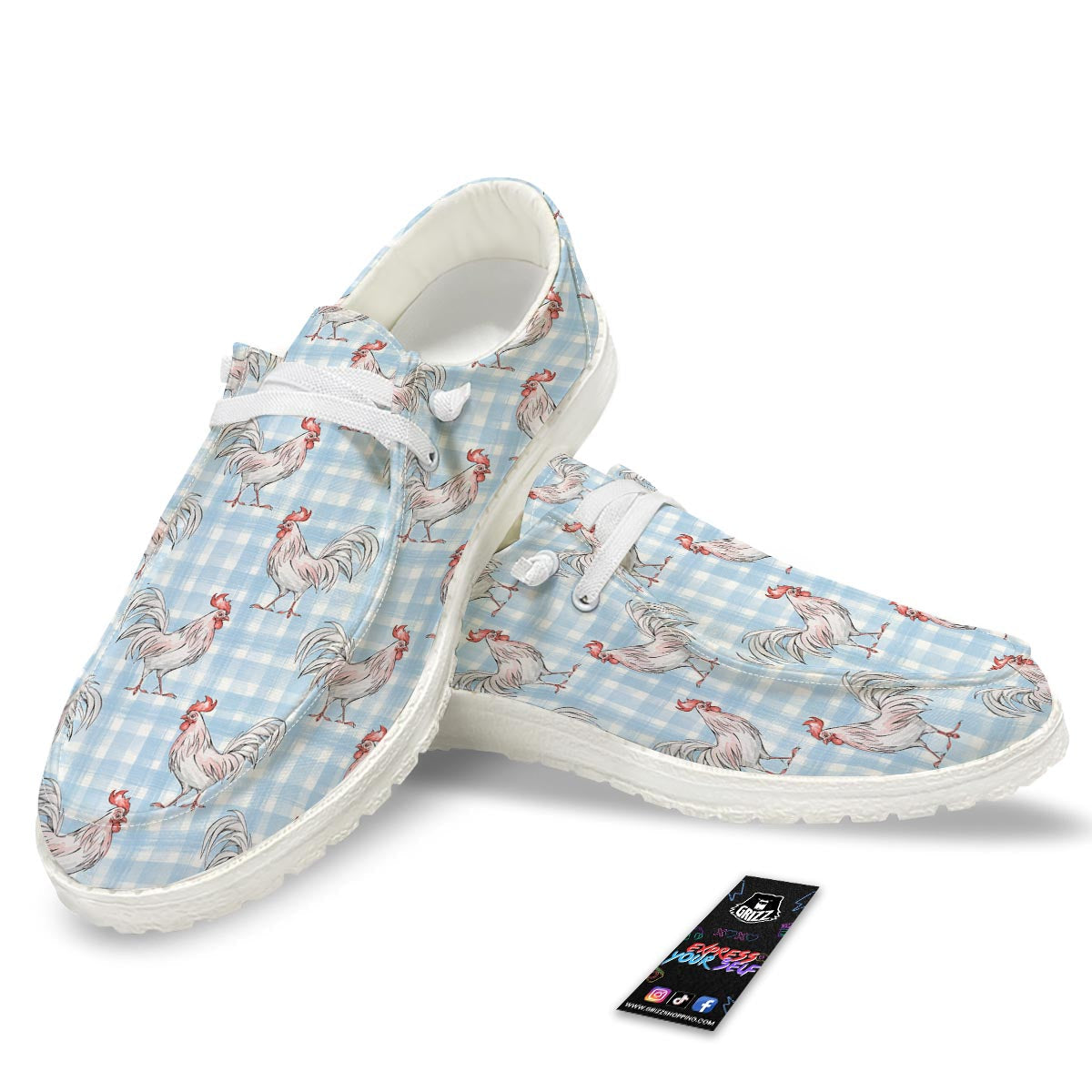 Plaid Rooster Print Pattern Black Loafers-grizzshop