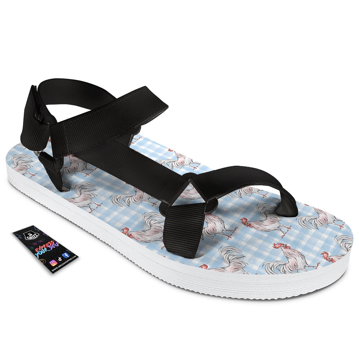 Plaid Rooster Print Pattern Black Open Toe Sandals-grizzshop