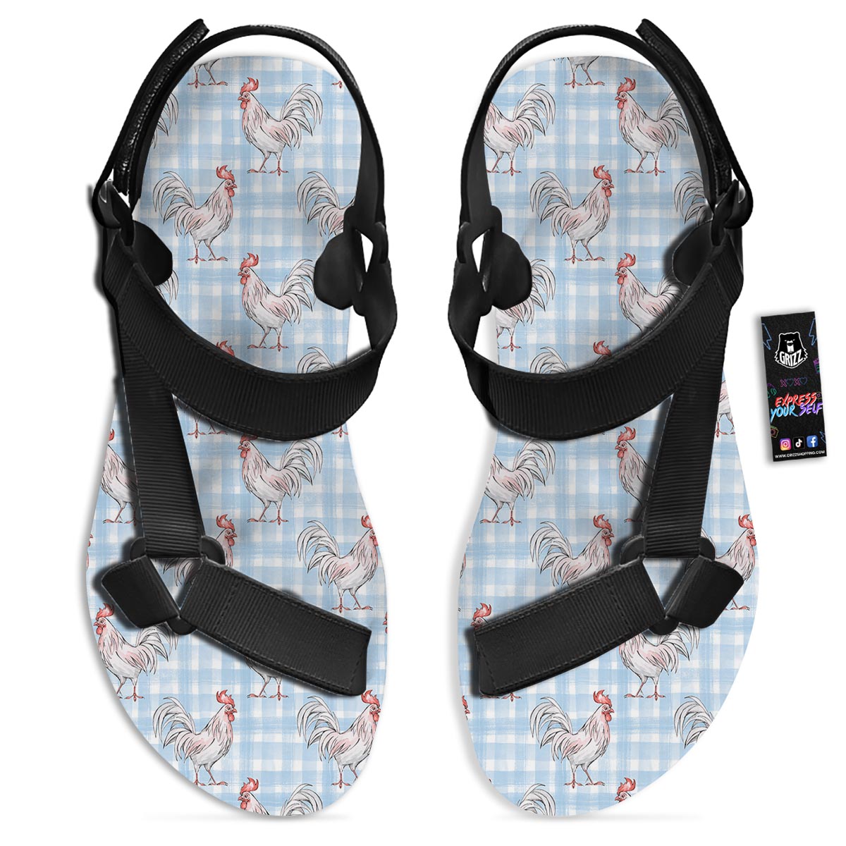 Plaid Rooster Print Pattern Black Open Toe Sandals-grizzshop