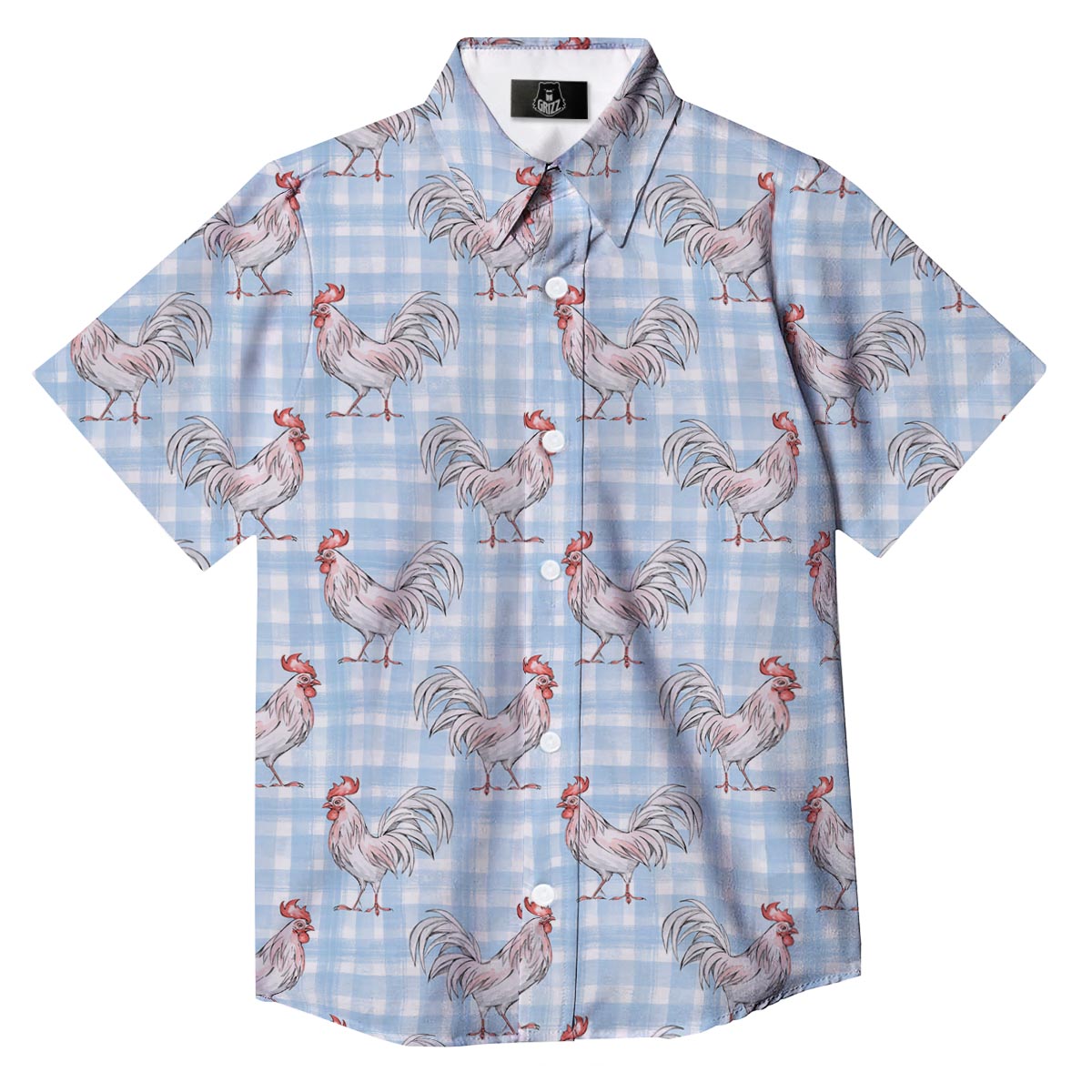 Plaid Rooster Print Pattern Button Up Shirt-grizzshop