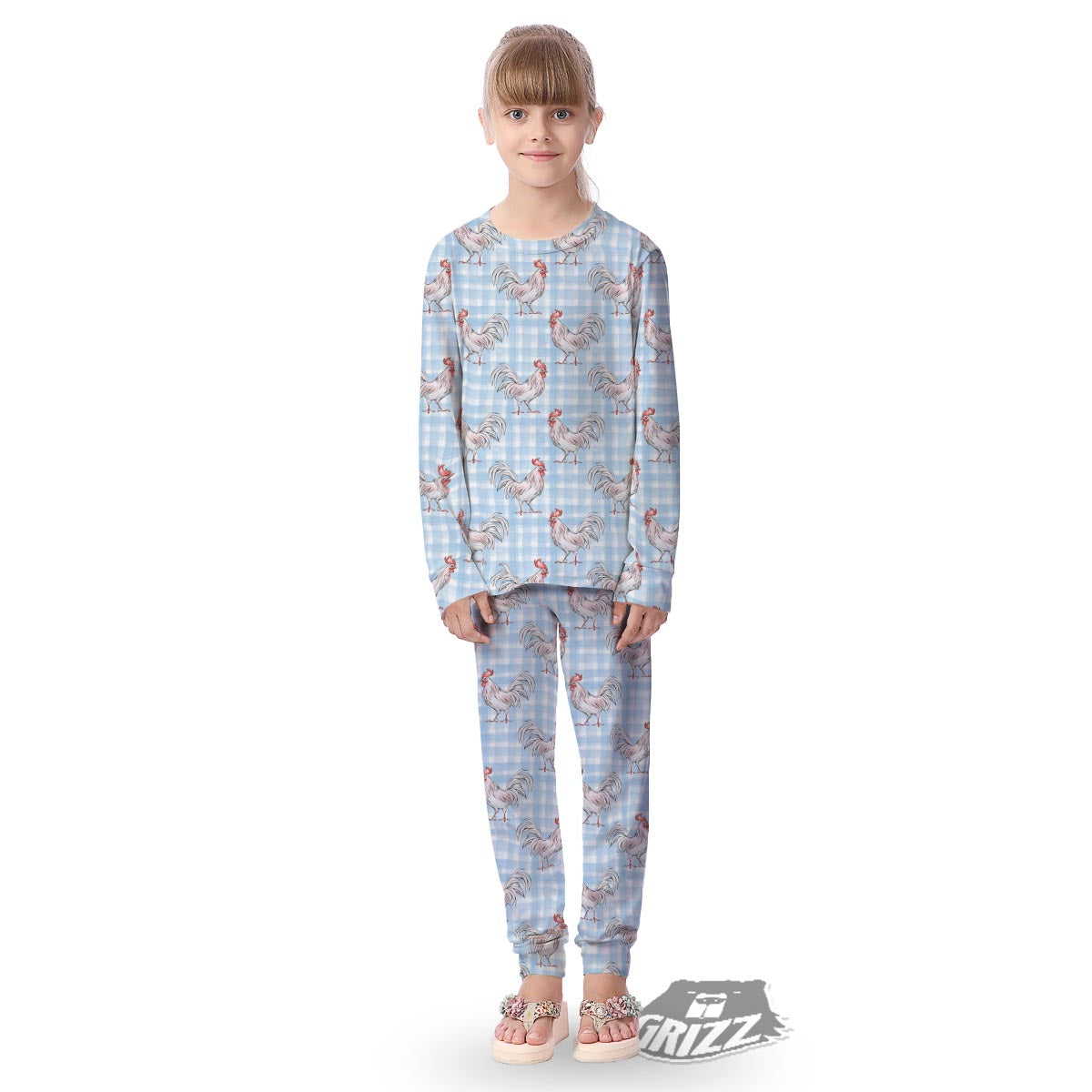 Plaid Rooster Print Pattern Kid's Pajamas-grizzshop