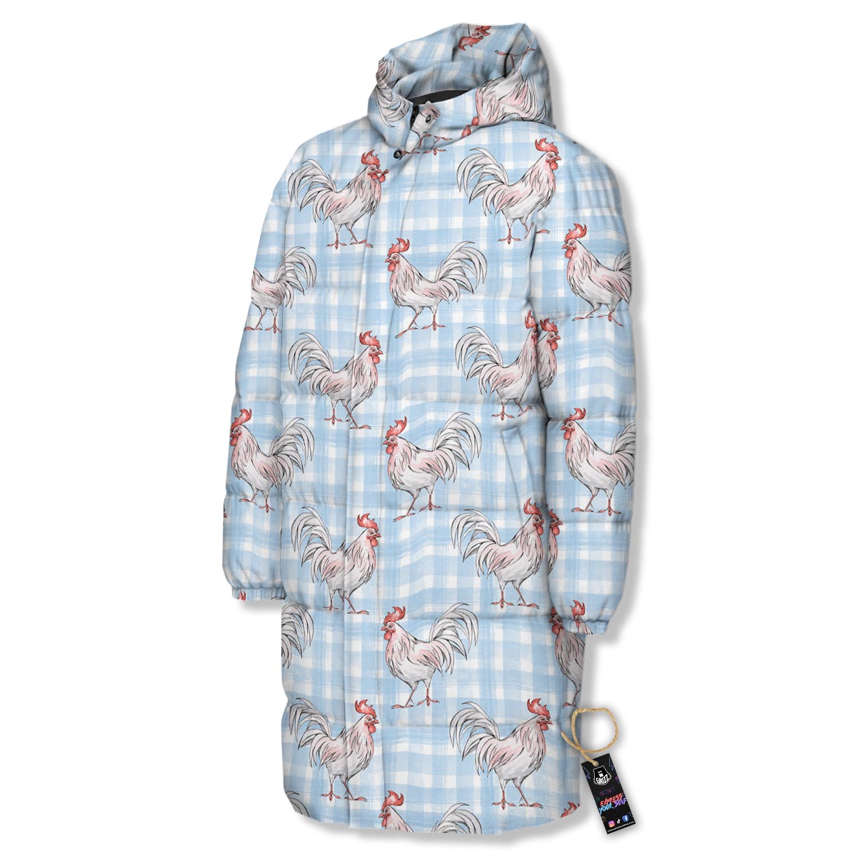 Plaid Rooster Print Pattern Long Down Jacket-grizzshop