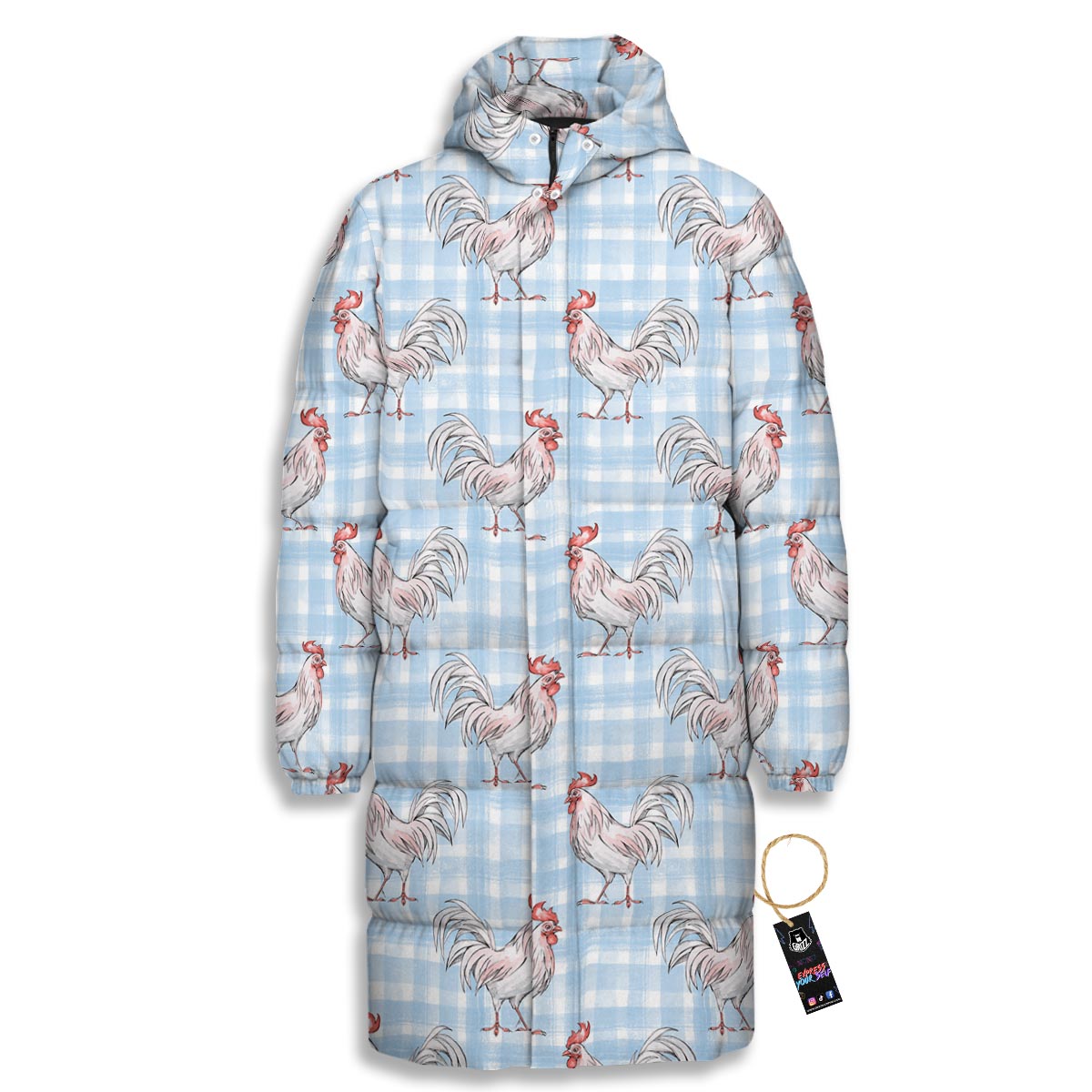 Plaid Rooster Print Pattern Long Down Jacket-grizzshop