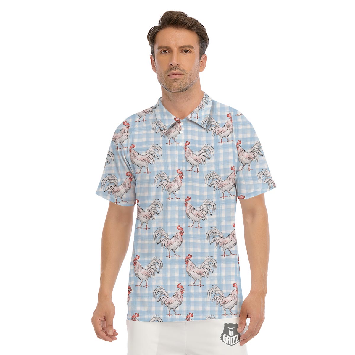 Plaid Rooster Print Pattern Men's Golf Shirts-grizzshop