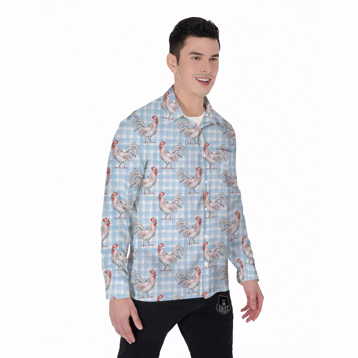 Plaid Rooster Print Pattern Men's Long Sleeve Shirts-grizzshop