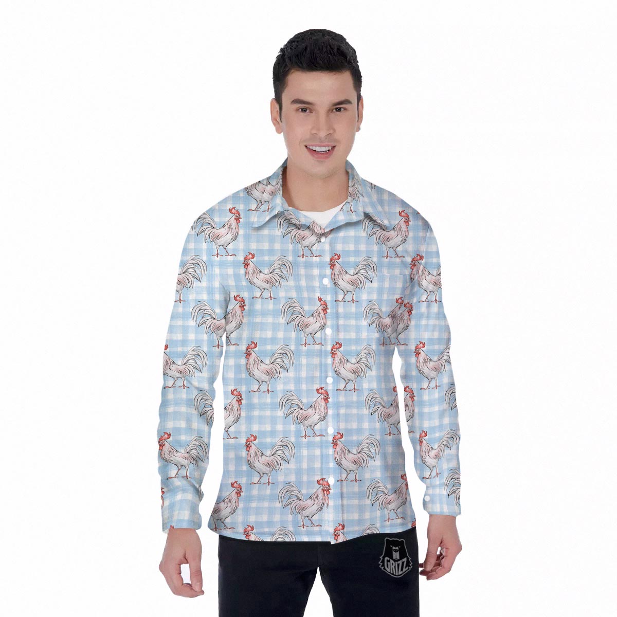 Plaid Rooster Print Pattern Men's Long Sleeve Shirts-grizzshop