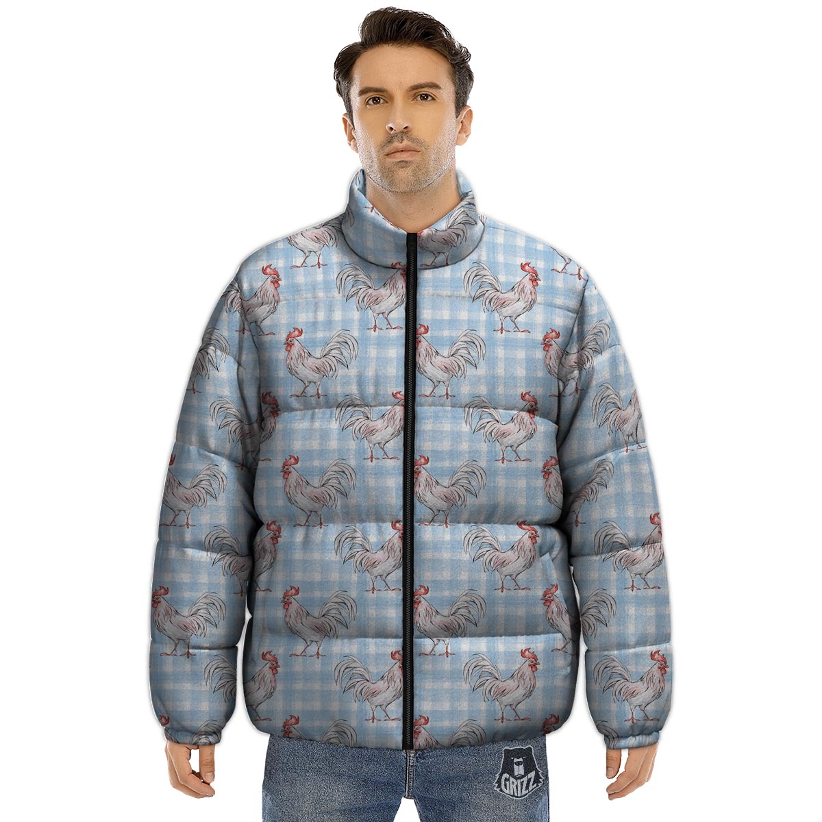 Plaid Rooster Print Pattern Puffer Jacket-grizzshop
