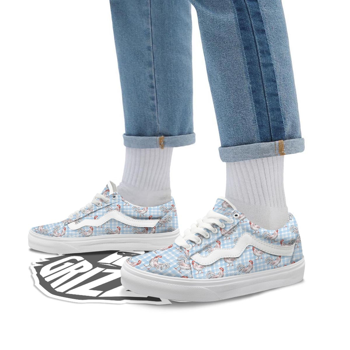 Plaid Rooster Print Pattern Skate Shoes-grizzshop