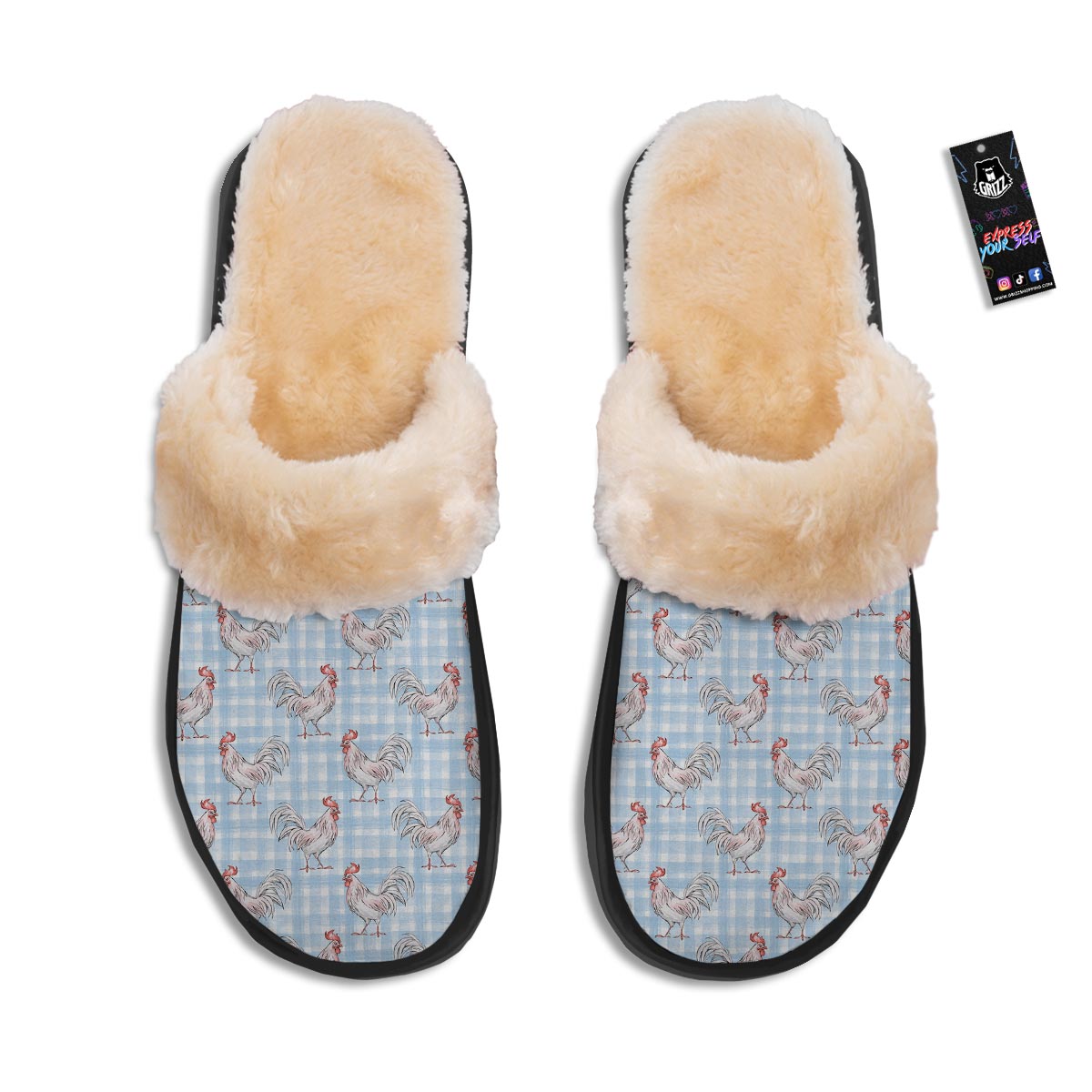 Plaid Rooster Print Pattern Slippers-grizzshop