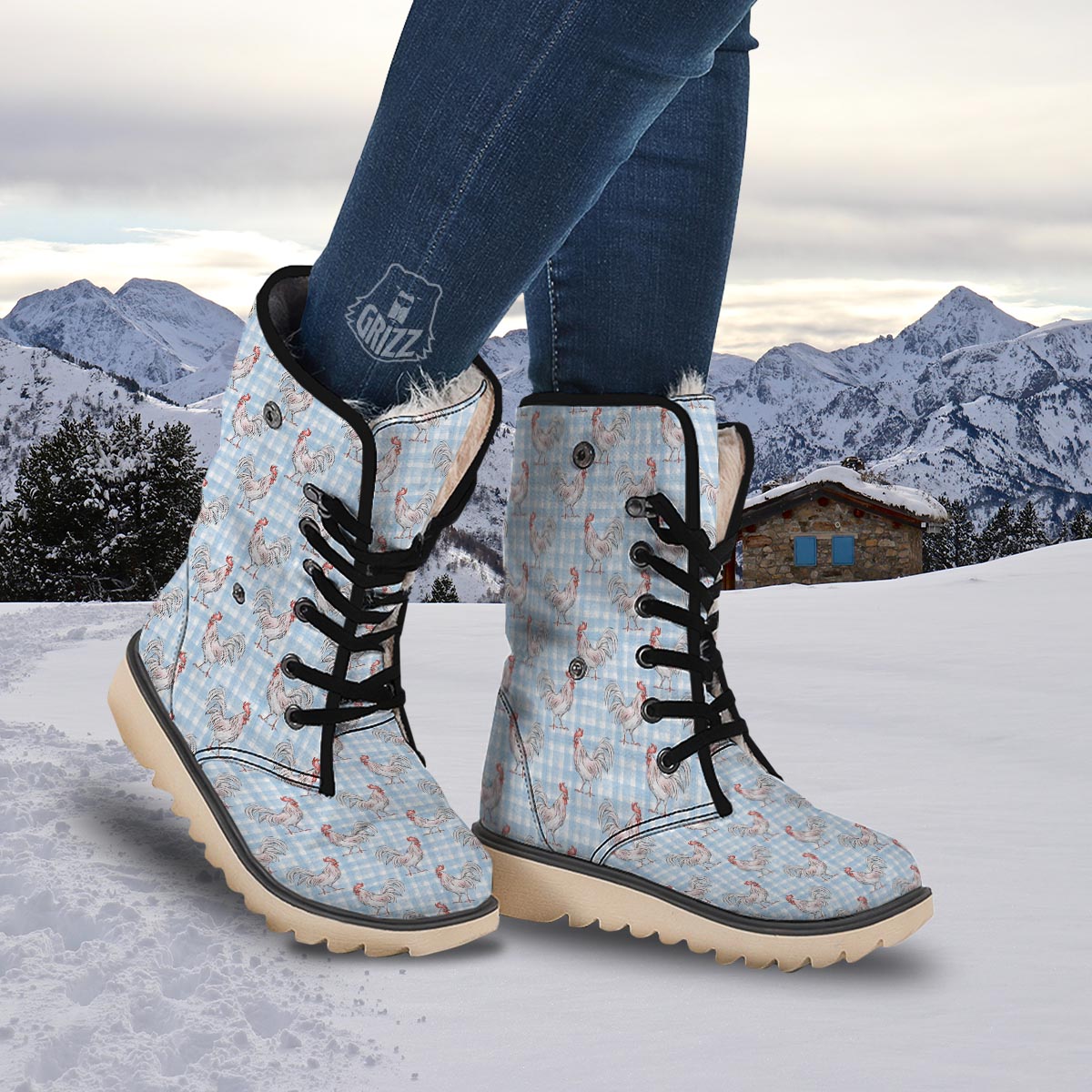 Plaid Rooster Print Pattern Snow Boots-grizzshop