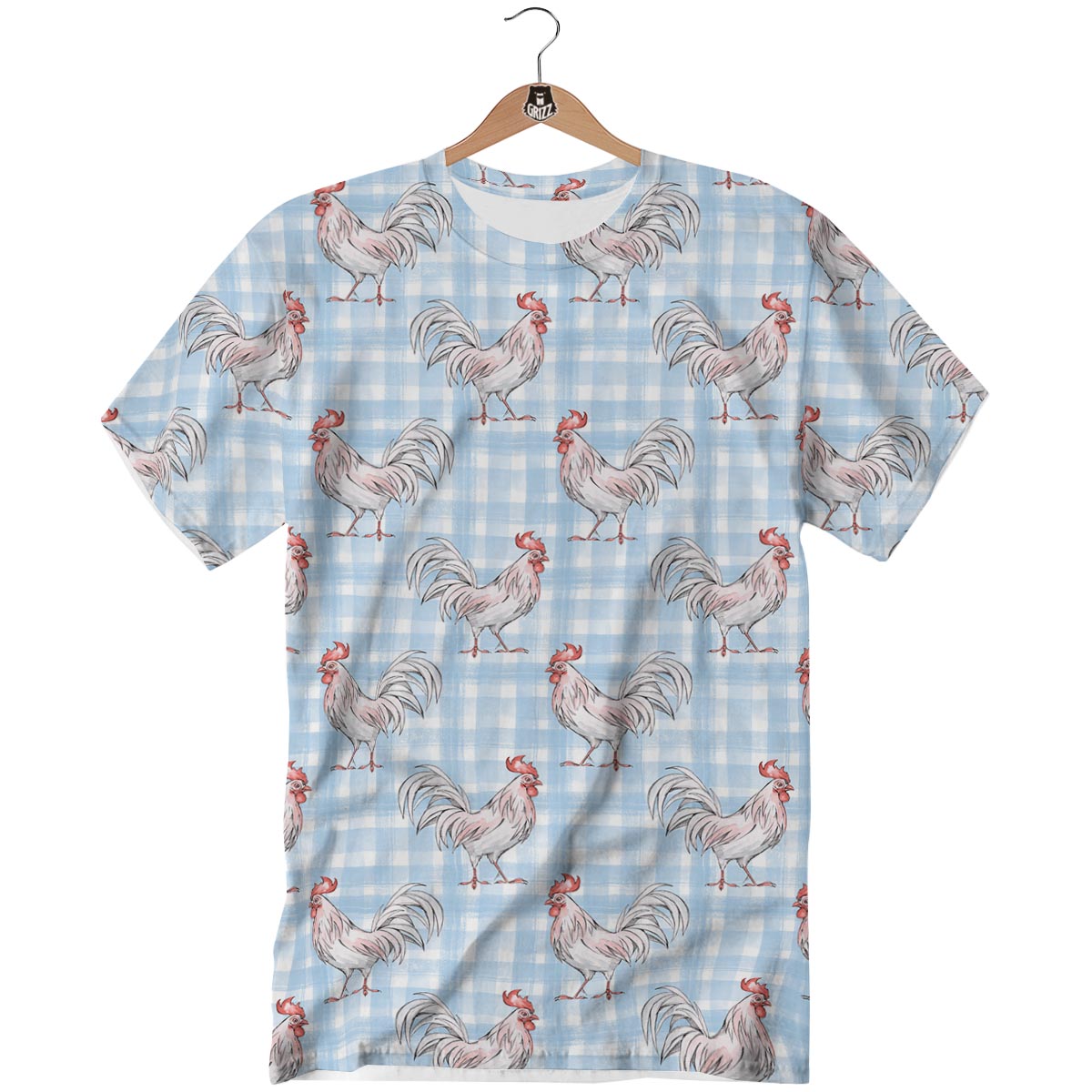 Plaid Rooster Print Pattern T-Shirt-grizzshop