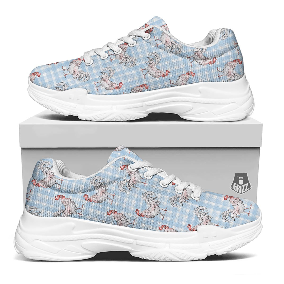 Plaid Rooster Print Pattern White Chunky Shoes-grizzshop