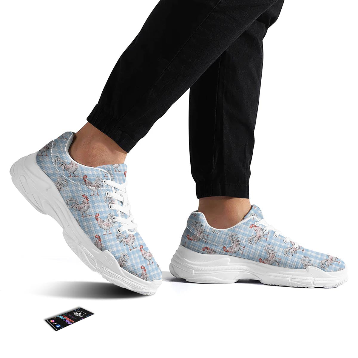 Plaid Rooster Print Pattern White Chunky Shoes-grizzshop
