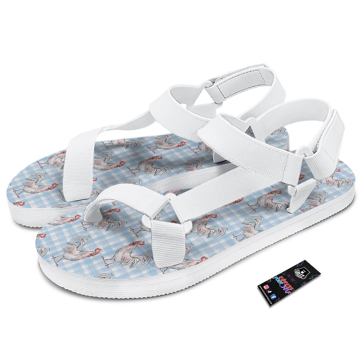 Plaid Rooster Print Pattern White Open Toe Sandals-grizzshop
