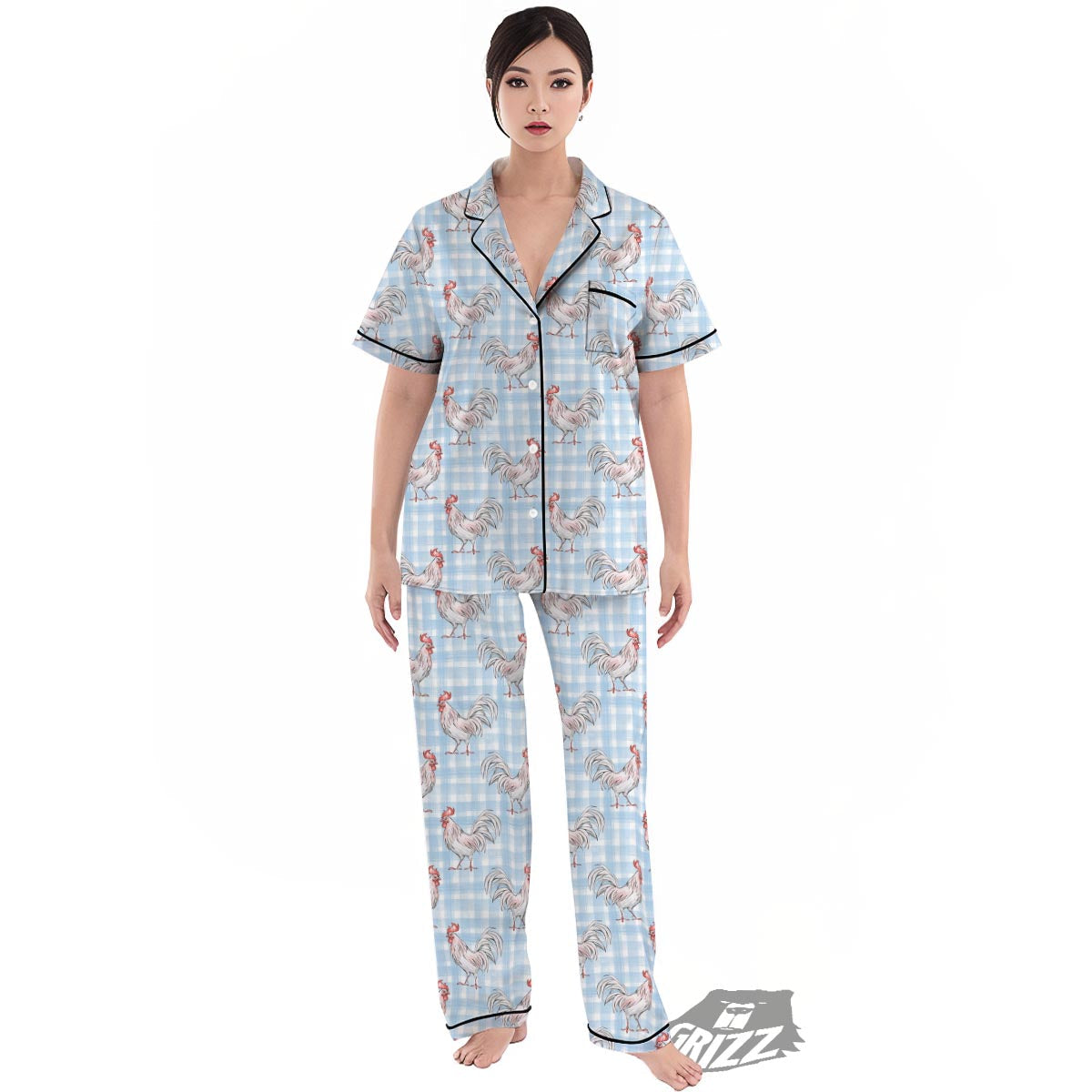 Plaid Rooster Print Pattern Women's Pajamas Set-grizzshop