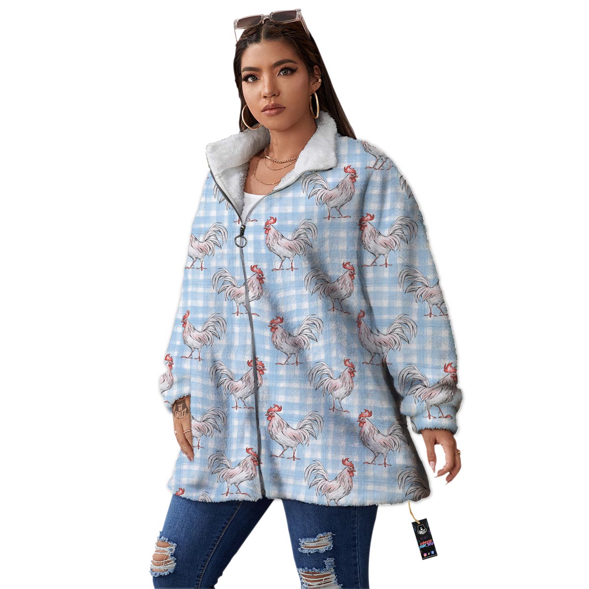 Plaid Rooster Print Pattern Women's Sherpa Jacket-grizzshop