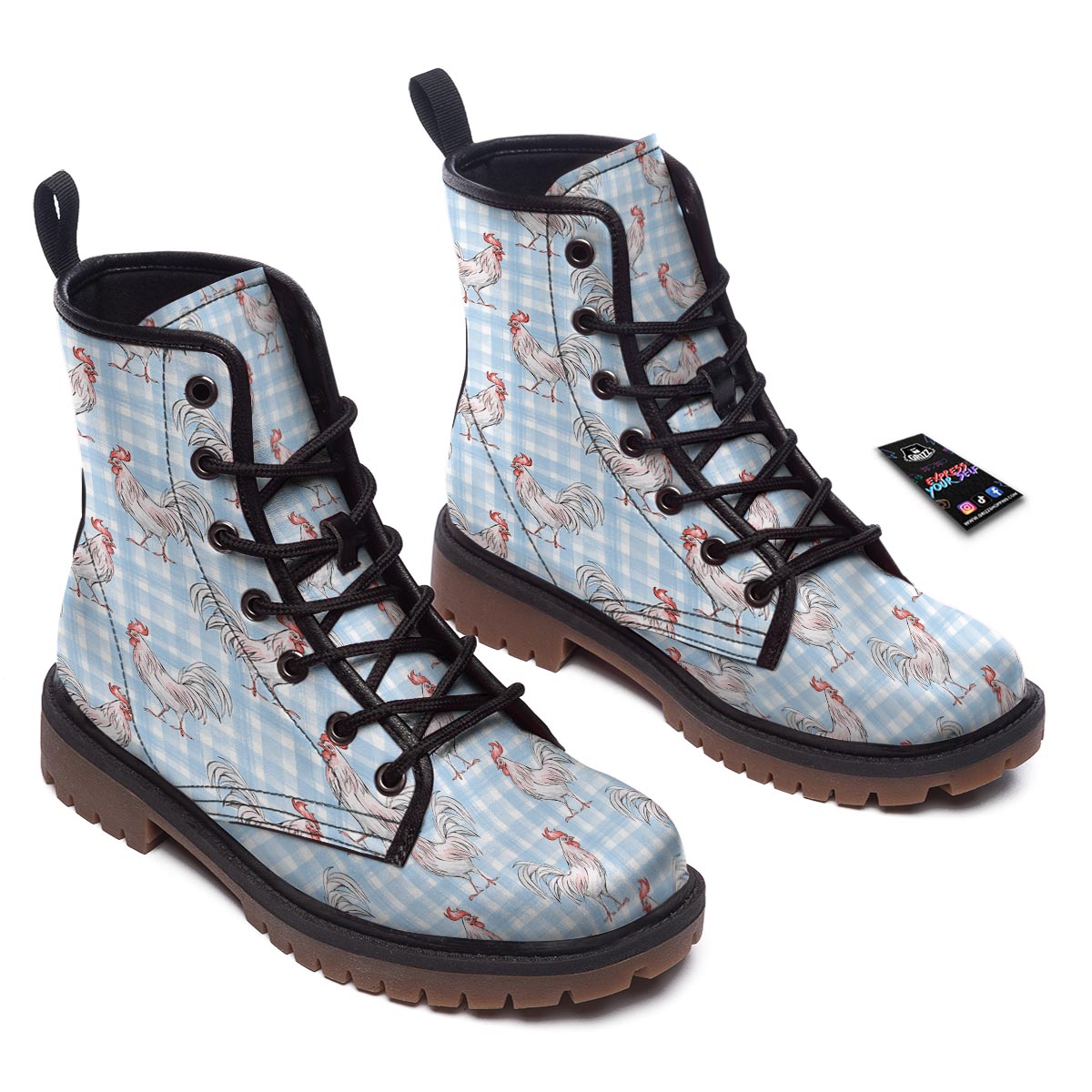 Plaid Rooster Print Pattern Work Boots-grizzshop