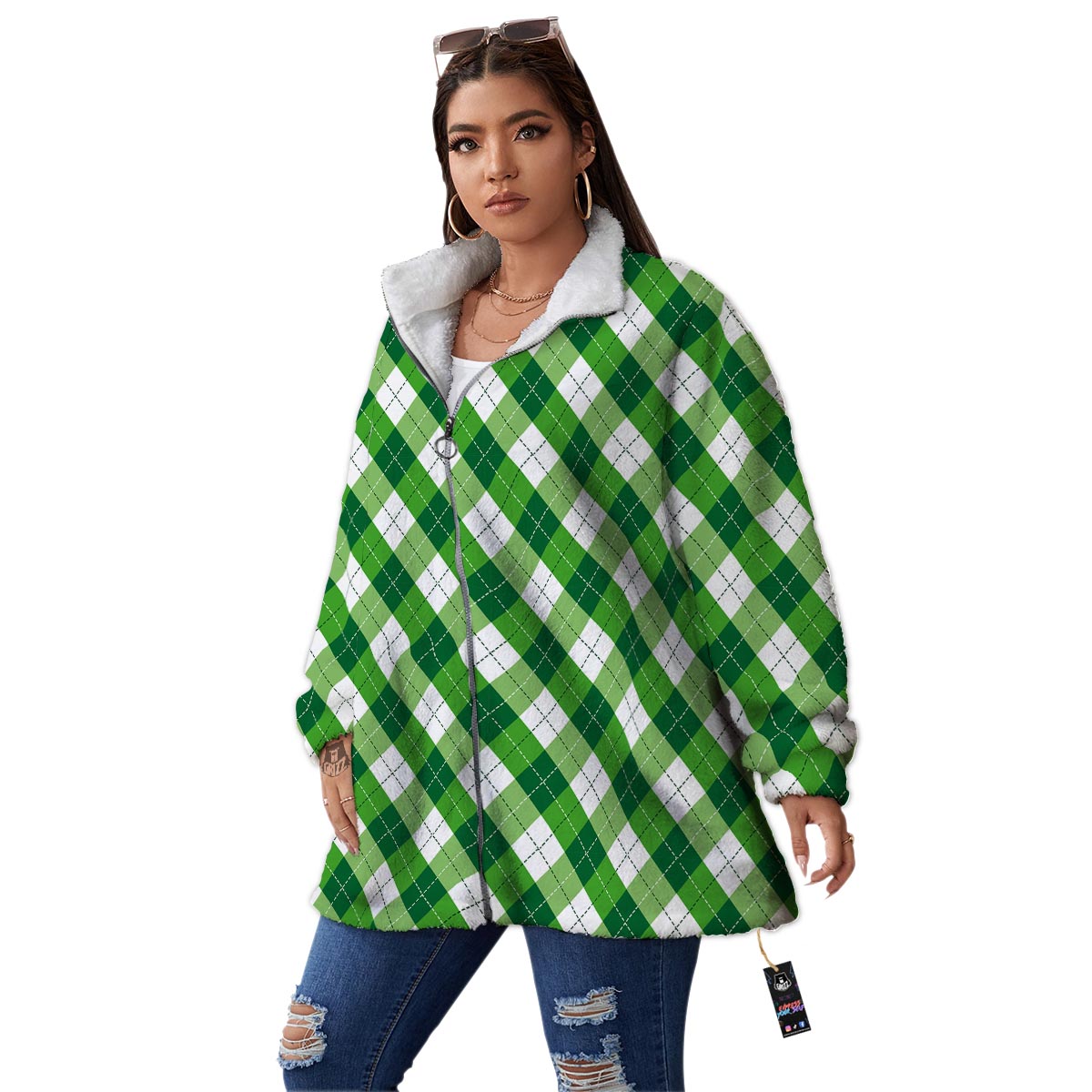 Plaid Saint Patrick's Day Print Pattern Women's Sherpa Jacket-grizzshop