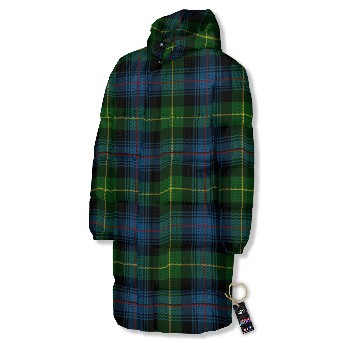 Plaid Scottish Knitted Print Long Down Jacket-grizzshop