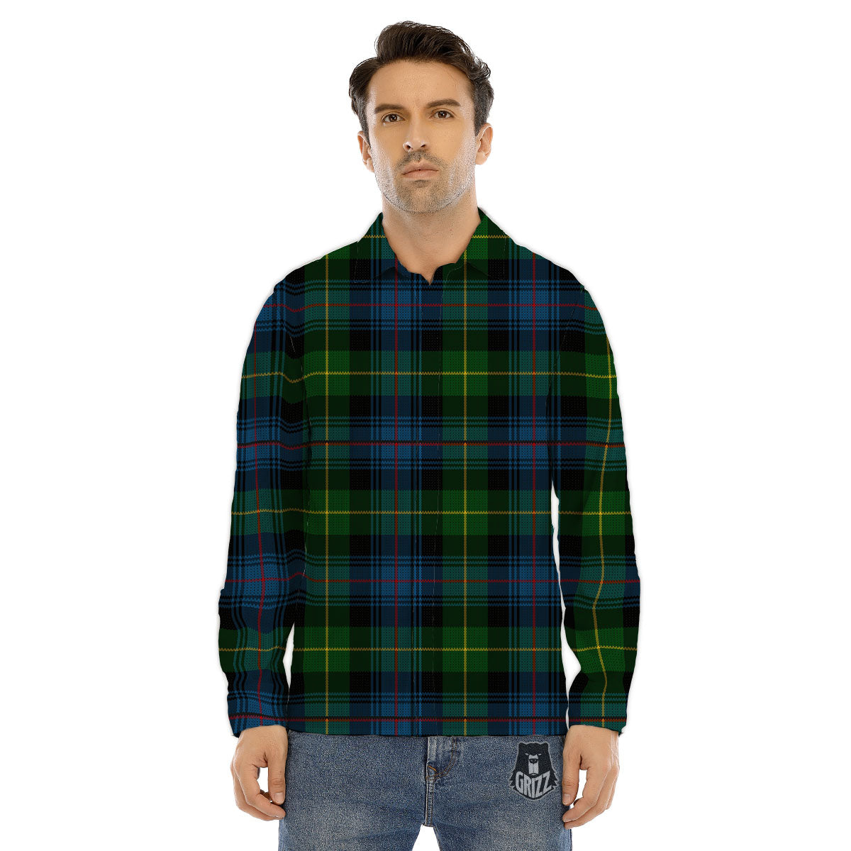 Plaid Scottish Knitted Print Men's Dress Shirts-grizzshop