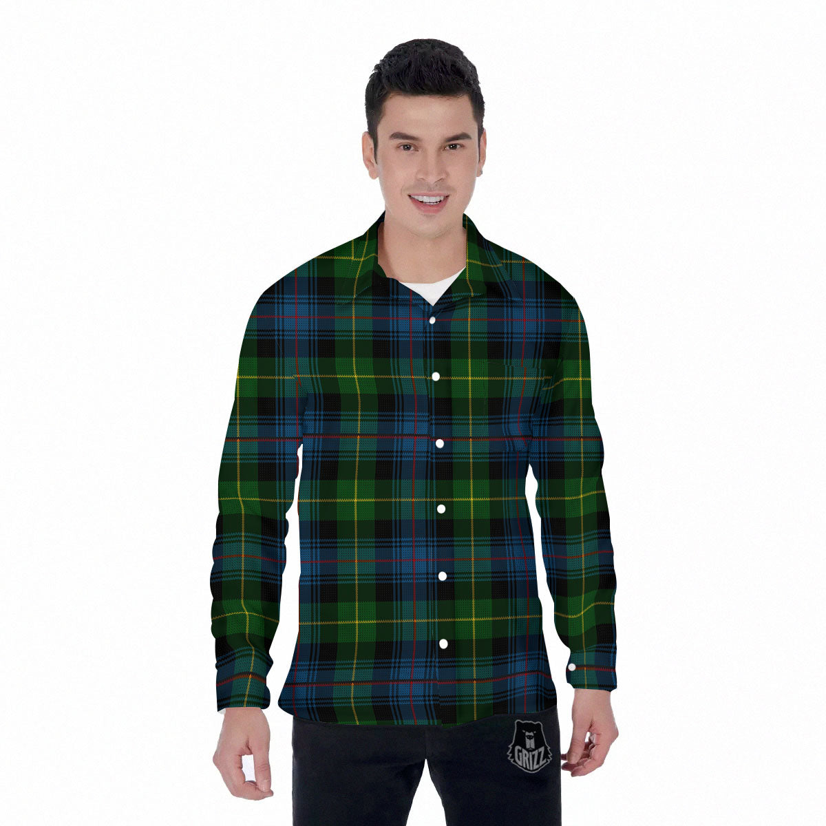 Plaid Scottish Knitted Print Men's Long Sleeve Shirts-grizzshop