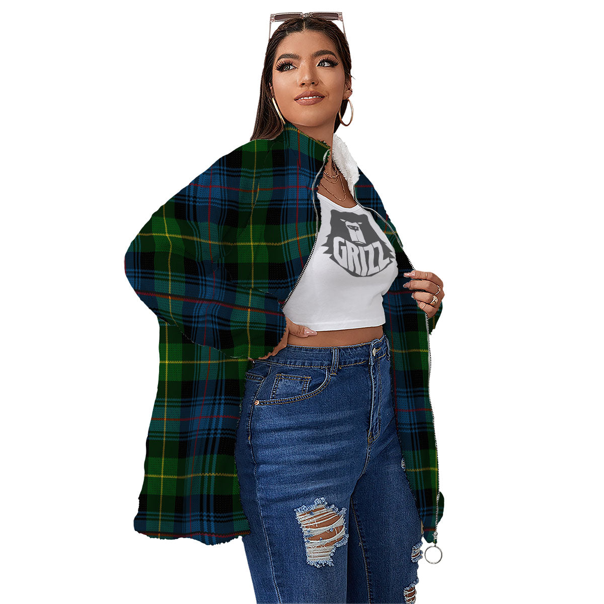 Plaid Scottish Knitted Print Women's Sherpa Jacket-grizzshop