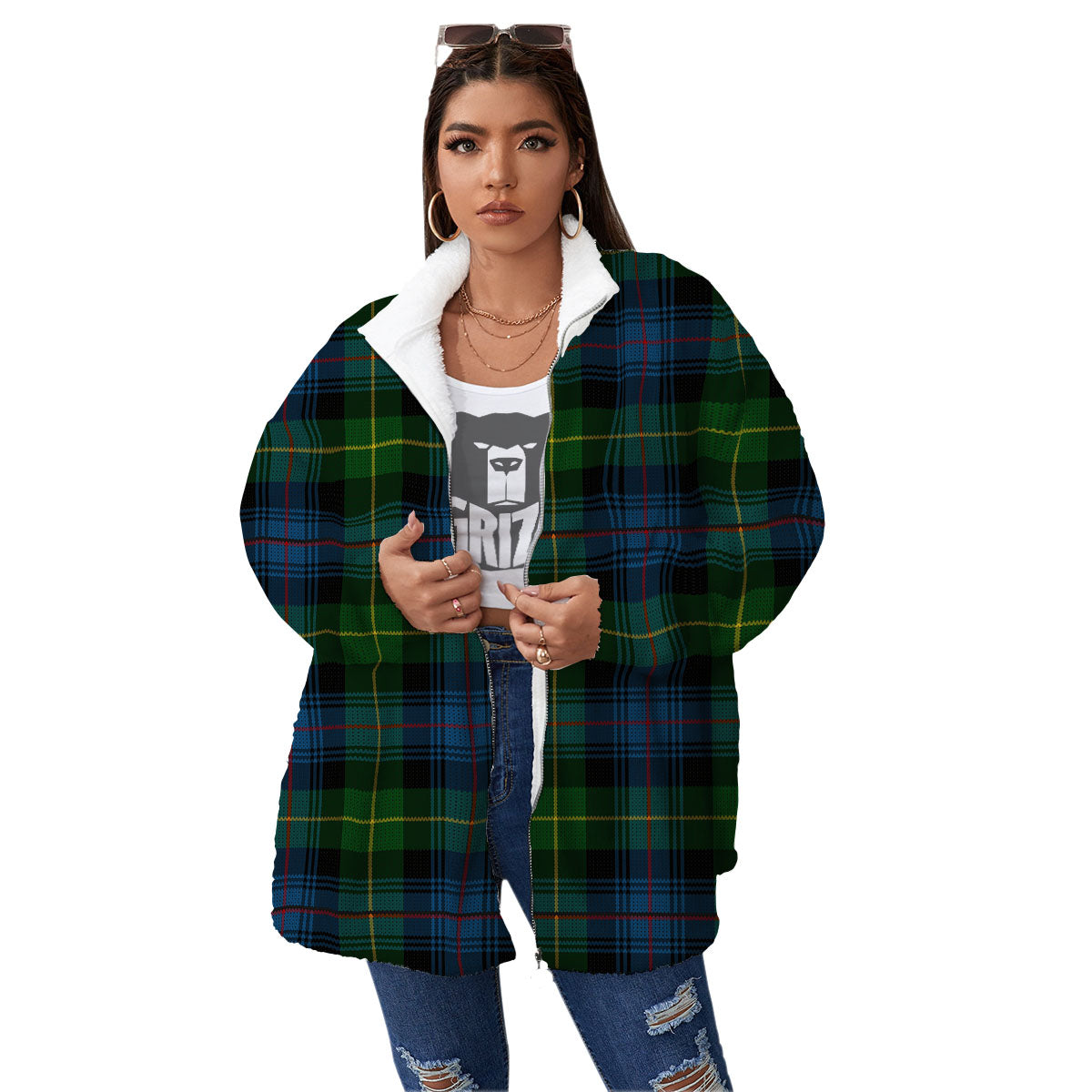Plaid Scottish Knitted Print Women's Sherpa Jacket-grizzshop