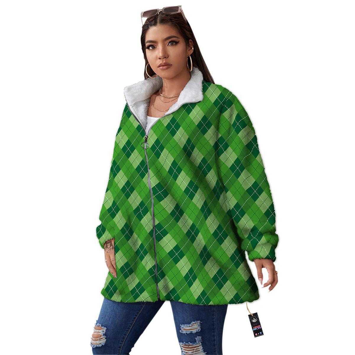 Plaid St. Patrick's Day Print Pattern Women's Sherpa Jacket-grizzshop