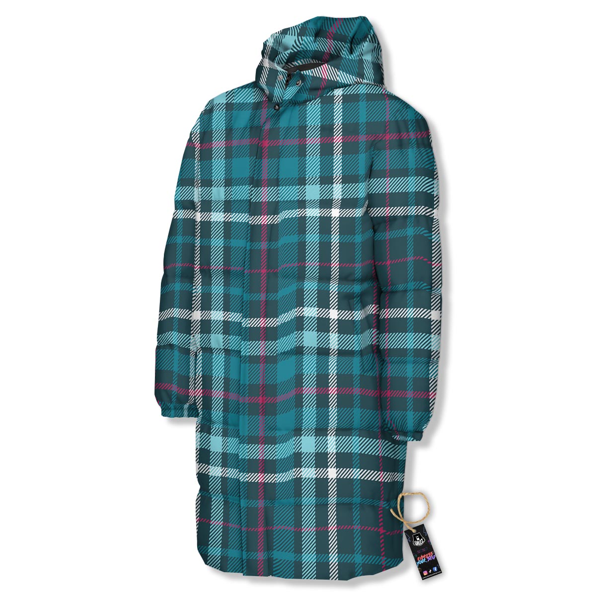 Plaid Teal Print Pattern Long Down Jacket-grizzshop