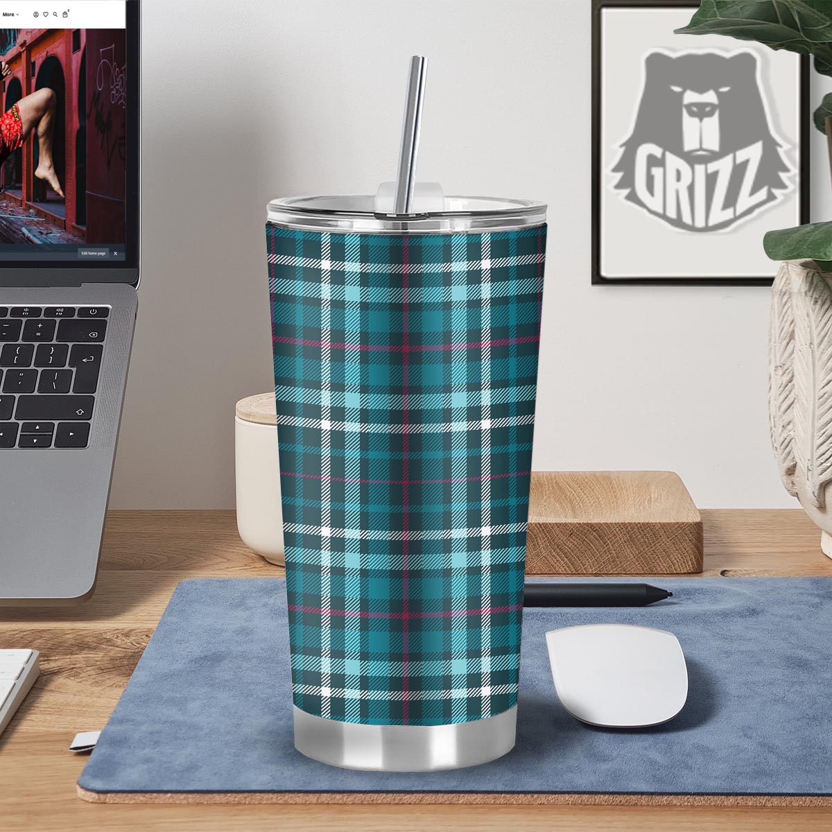 Plaid Teal Print Pattern Tumbler-grizzshop