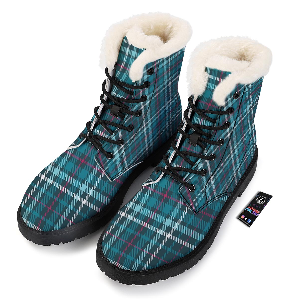 Plaid Teal Print Pattern Winter Boots-grizzshop