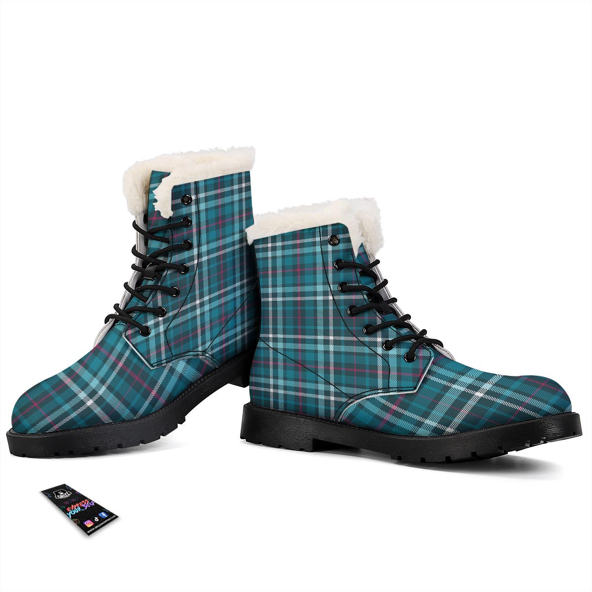 Plaid Teal Print Pattern Winter Boots-grizzshop