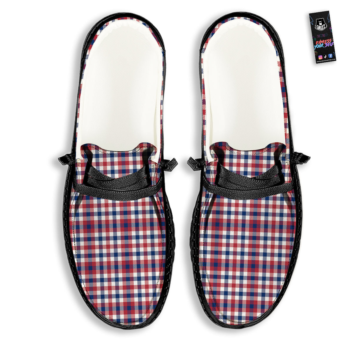 Plaid USA Patriotic Print Pattern Black Loafers-grizzshop