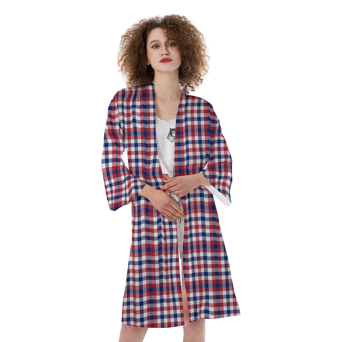 Plaid USA Patriotic Print Pattern Kimono-grizzshop