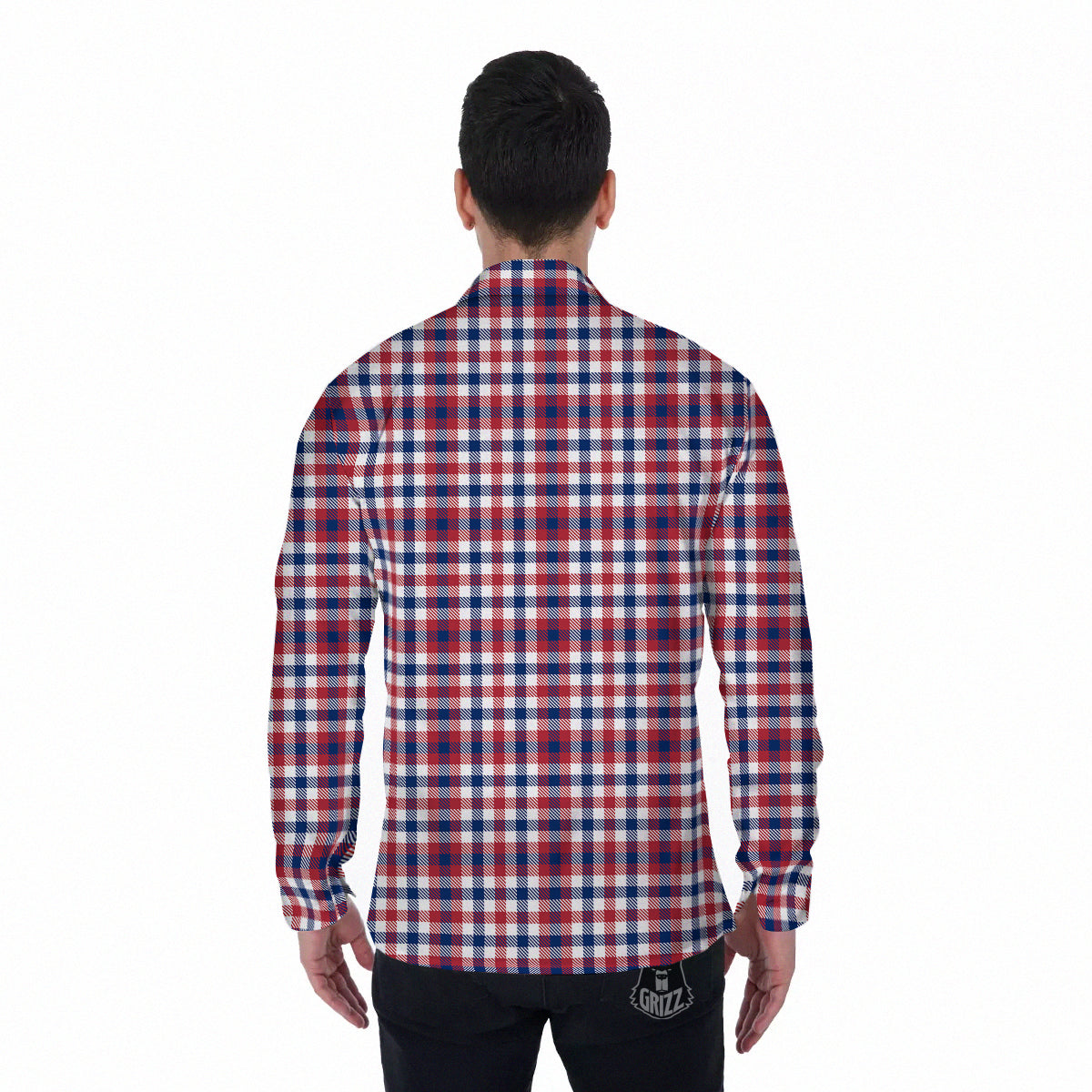 Plaid USA Patriotic Print Pattern Men's Long Sleeve Shirts-grizzshop