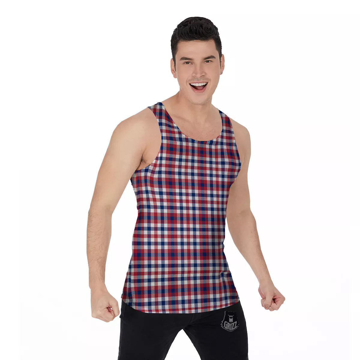 Plaid USA Patriotic Print Pattern Men's Tank Top-grizzshop