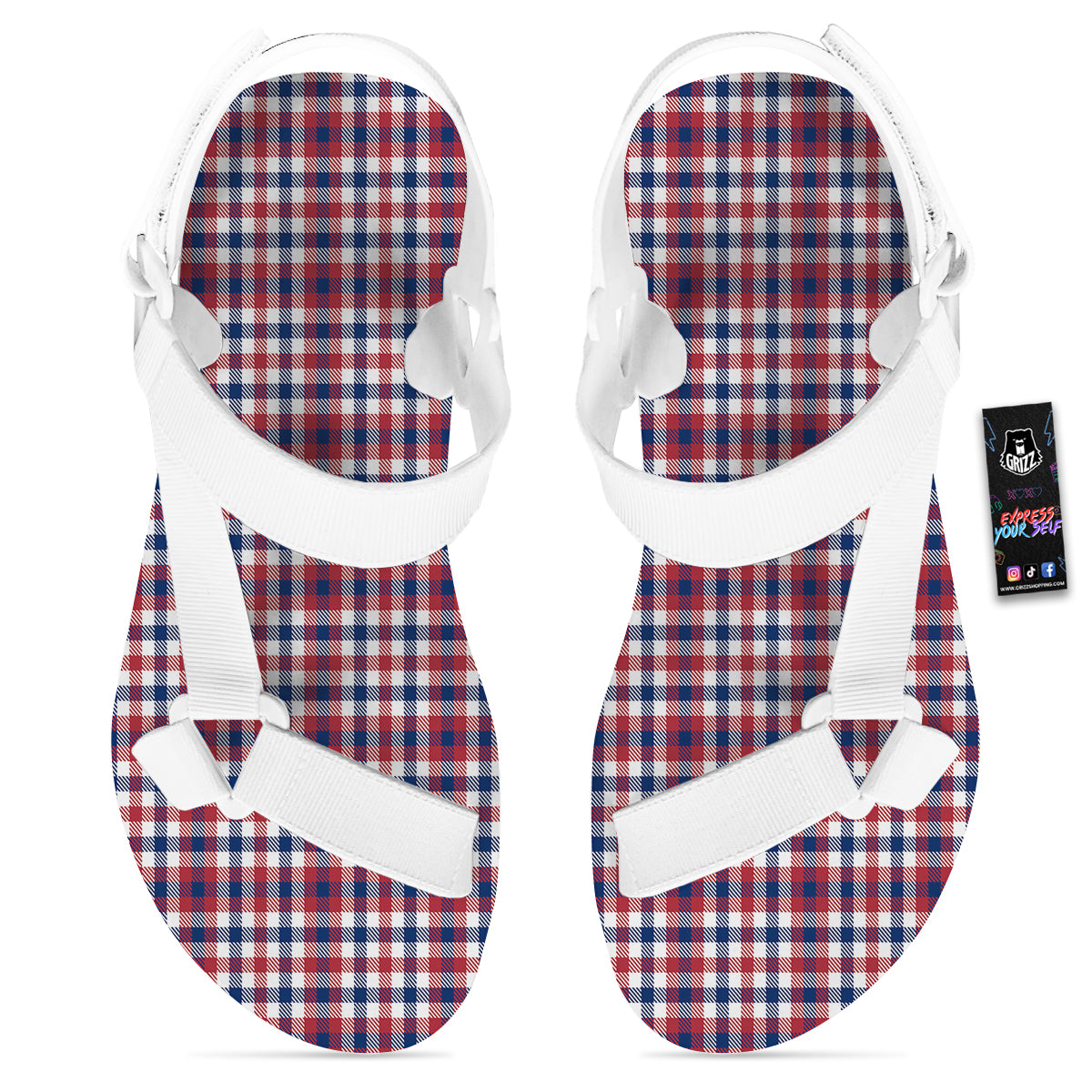 Plaid USA Patriotic Print Pattern White Open Toe Sandals-grizzshop