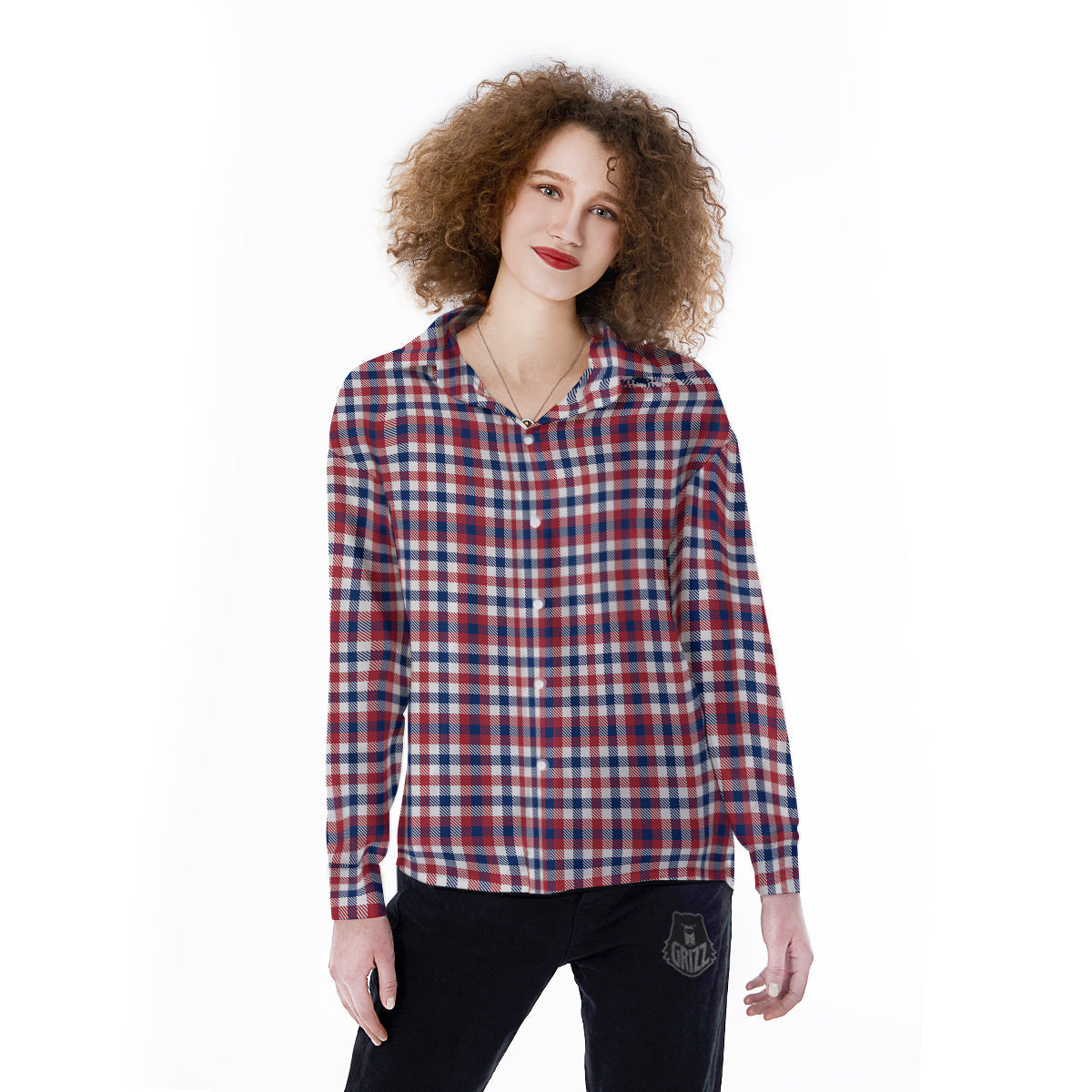 Plaid USA Patriotic Print Pattern Women's Long Sleeve Shirts-grizzshop