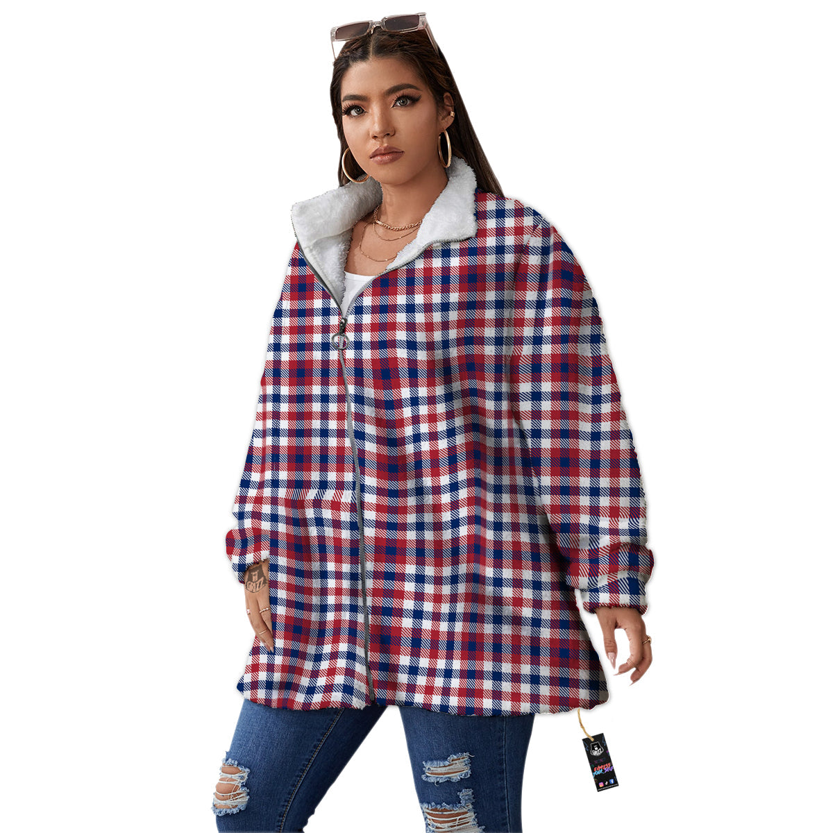 Plaid USA Patriotic Print Pattern Women's Sherpa Jacket-grizzshop