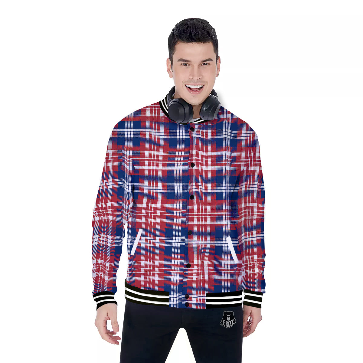 Plaid USA Print Pattern Baseball Jacket-grizzshop